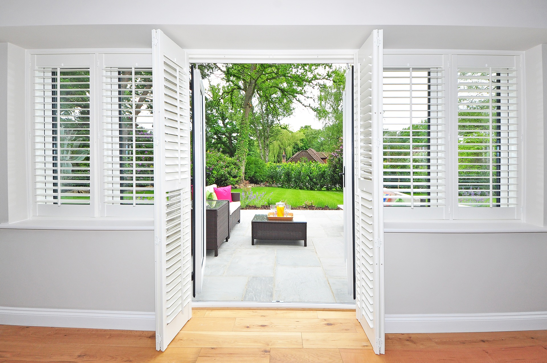 Timber Plantation Shutters with Hinged Door, Nu Style Shutters